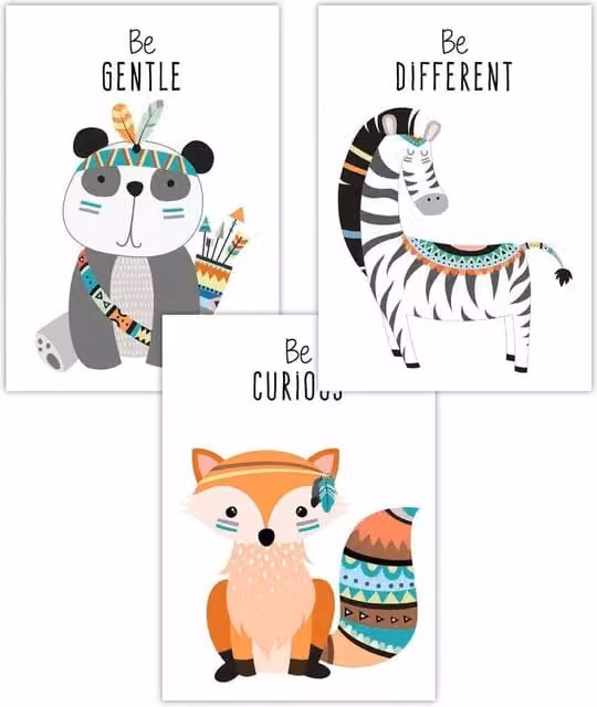 ARTZE Set of 3 Nursery Tribal Animal Quote Paper Posters in Orange and Multicolour, W: 50 cm, H: 70 cm
