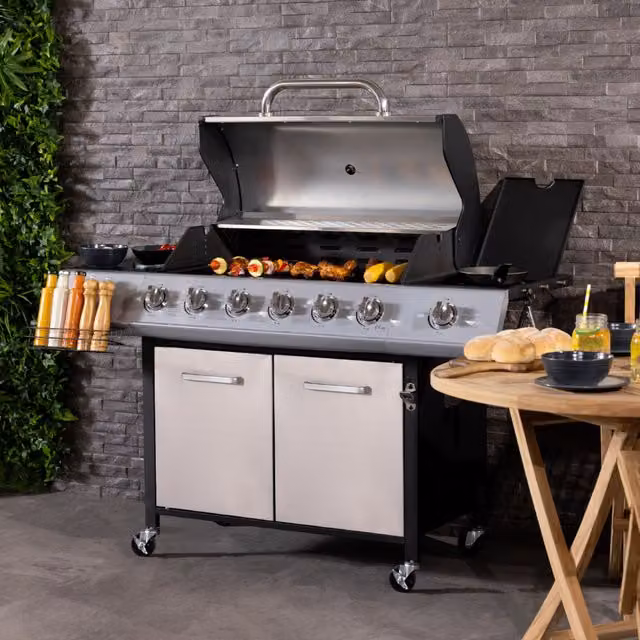 Charles Bentley 6 Burner Premium Gas BBQ with Side Burner and Cart in Silver