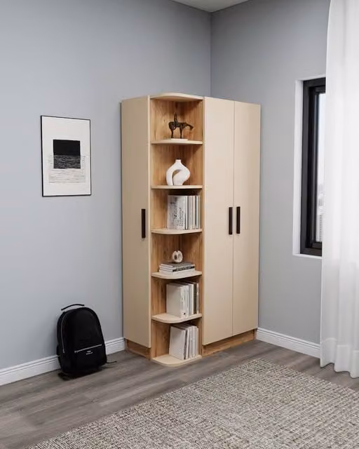 Destina Home Linda Compact Corner Wardrobe with Shelves and Hanging Rod, Beige, H: 181.8 cm x W: 90.0 cm x D: 50.0 cm