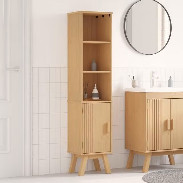Berkfield Home Brown and Beige Solid Pine Wood Bathroom Cabinet with Hinged Doors and Open Shelf, W/D/H: 35 x 30 x 159 cm