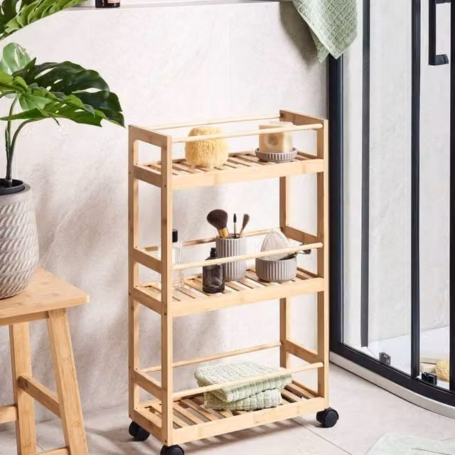 Wyld and Coco Bamboo Bliss 3-Tier Bathroom Trolley, Light Brown Bamboo