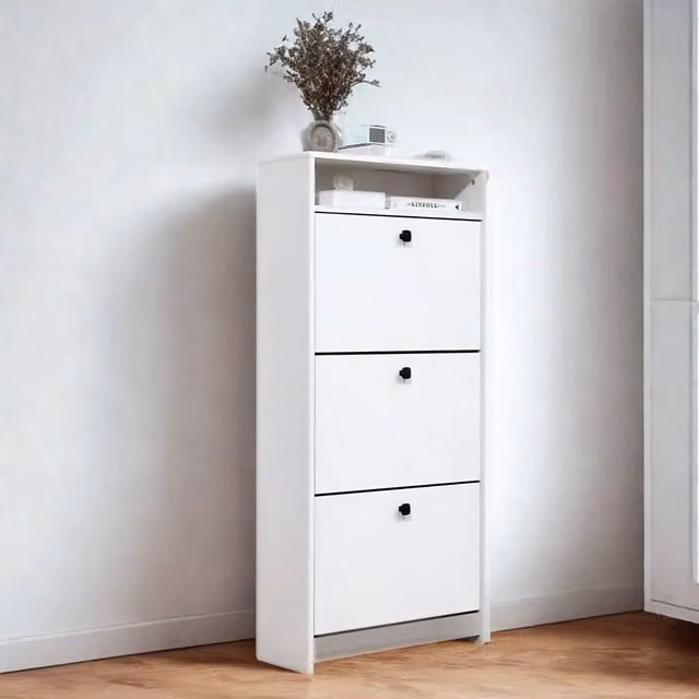 Pirlo Plush White 3 Drawer Hallway Shoe Storage Cabinet with Open Shelf, W/D/H: 132 x 24 x 18 cm