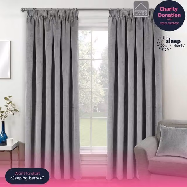 Enhanced Living Oxford Grey Blackout Velvet Thermal Insulating Pencil Pleat Tape Top Curtains, Pair, Height: 229 cm