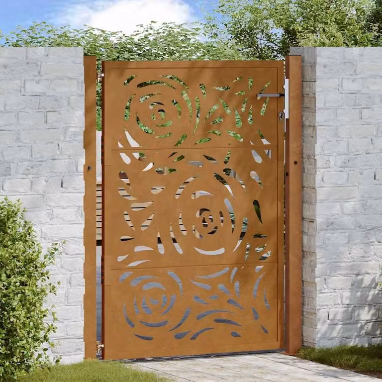 Berkfield Home Beautiful Garden Gate in Brown Weathering Steel with Flame Design, W: 105 cm, H: 130 cm