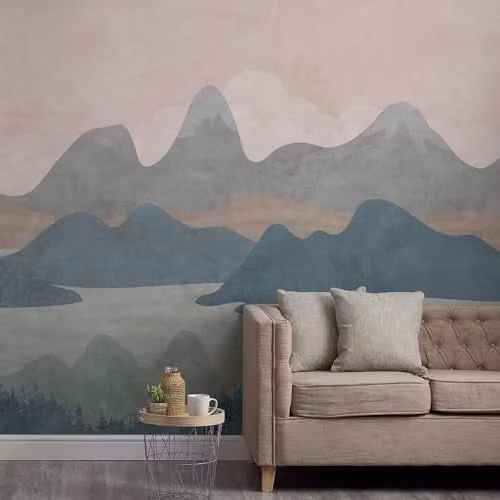 Grandeco Mountains Landscape 7 Lane Textured Wallpaper Mural, Green and Multicolour, W: 280 cm, H: 371 cm