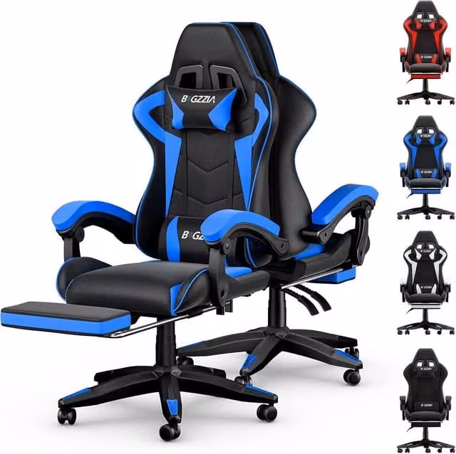 Gartistgo Ergonomic Gaming Chair in Blue with Footrest, Headrest and Armrests