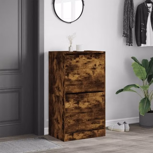 Berkfield Home Modern Shoe Cabinet in Smoked Oak Brown with 2 Tilting Compartments, W: 60 cm, D: 42 cm, H: 108 cm