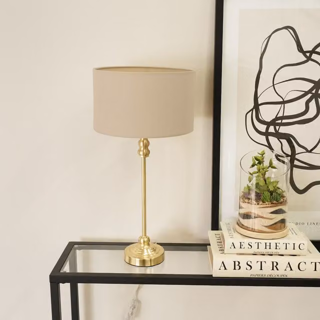 ValueLights Maggie Gold Table Lamp with Beige Fabric Drum Shade