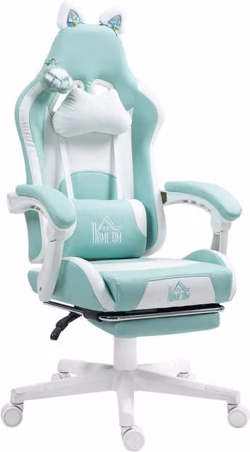 Rolipo Cat Ear and Paw Reclining Gaming Office Chair with Footrest and Headrest in Mint Green