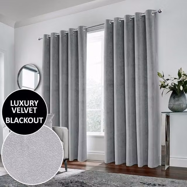 Enhanced Living Grey Velvet Blackout Eyelet Curtains, Thermal Insulating, Width: 183 cm