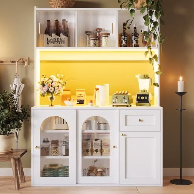 Aosom UK Modern Tall Kitchen Cabinet with App-Controlled LED and Music-Sync Lighting, White, W: 120 cm, D: 35 cm, H: 167 cm