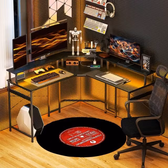 HOMCOM Modern L-Shaped Corner Desk with Power Outlet and LED Lights in Black