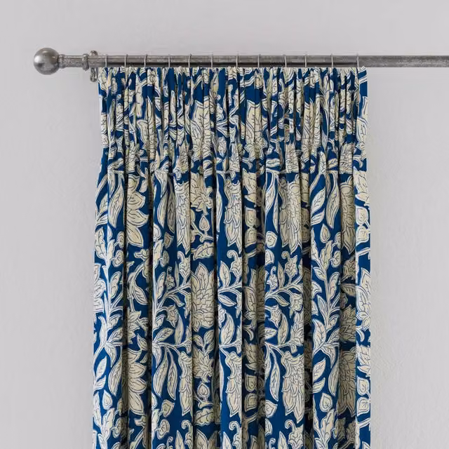 Land & Shore Rowallane Blue Floral Cotton Lined Curtains, W: 228.6 cm, H: 182.88 cm