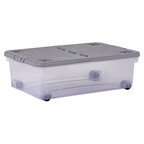 Wham 5 x 32L Plastic Storage Boxes with Folding Lids and Wheels, Transparent and Grey