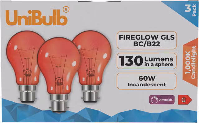 UniBulb Fireglow 60W B22 Dimmable Decorative Candlelight Incandescent Bulb, Red/Orange, Pack of 3