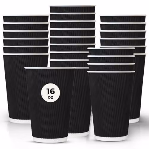 ECONX 500 x Black 16oz Triple Wall Ripple Paper Disposable Insulated Coffee Cups