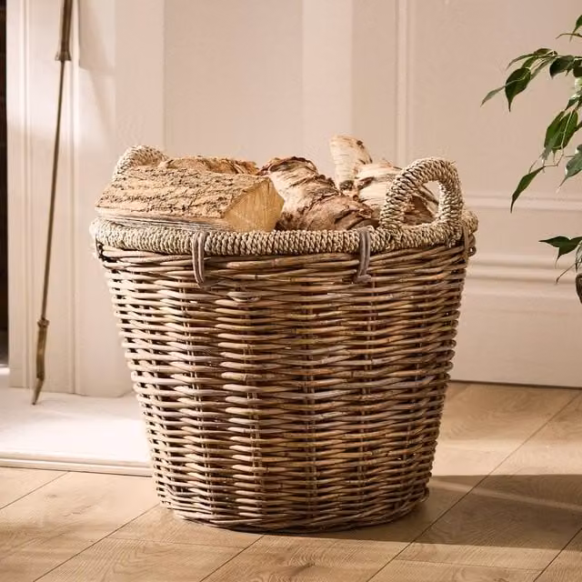 Dibor Traditional Natural Rattan and Seagrass Log Basket in Brown and Beige, H: 41 cm, W: 53 cm