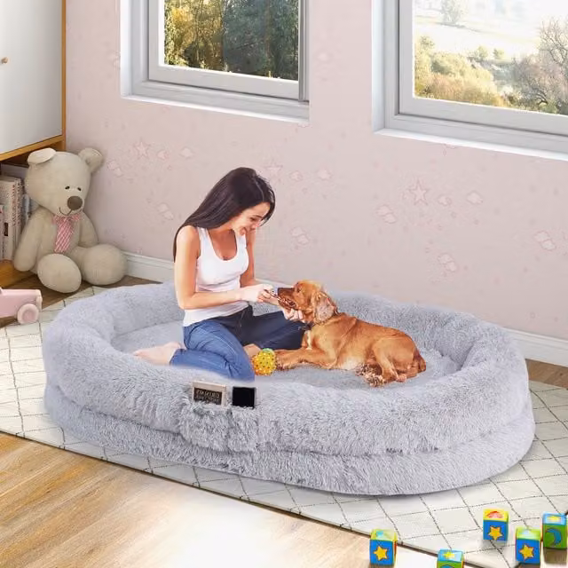 Costway Grey Oval Orthopaedic Foam Bean Bag Bed for Humans and Dogs with Removable Microfibre Cover