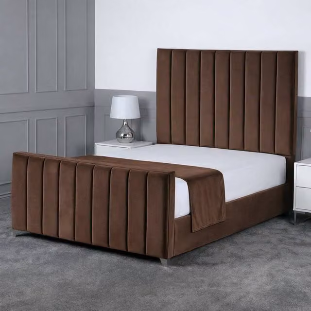 Living Comfort Bedz Empress Double Plush Velvet Upholstered Bed with Slatted Base in Brown