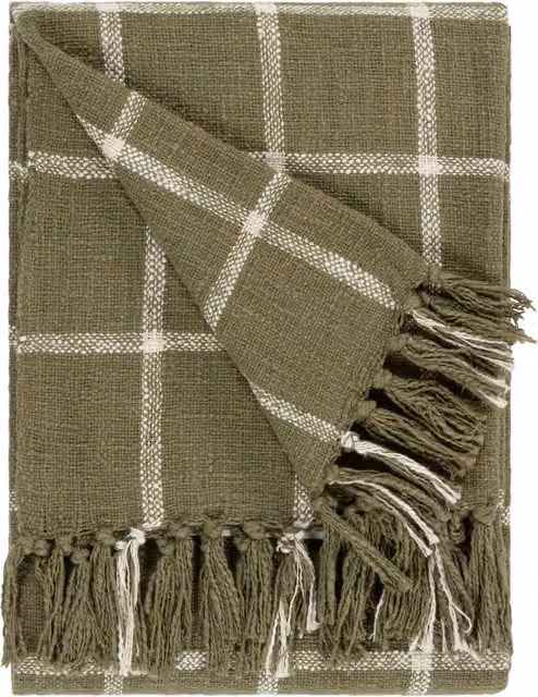 Beni Check Fringed Cotton Woven Throw in Moss Green and Natural