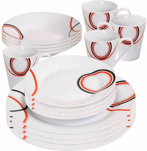 BARGAINS-GALORE 16 Piece Porcelain and Stoneware Dinner Set in Red, Black and White Patterns