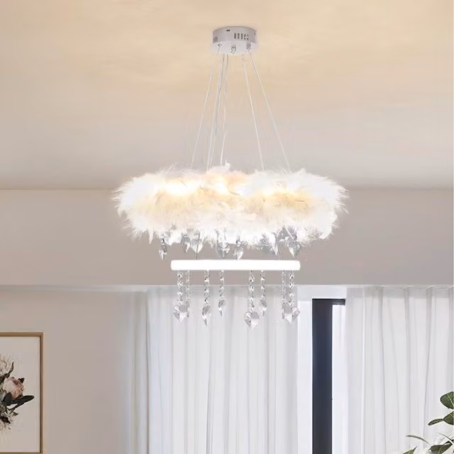Komore White LED Feather Pendant Light with Ring Accents and Crystal Details