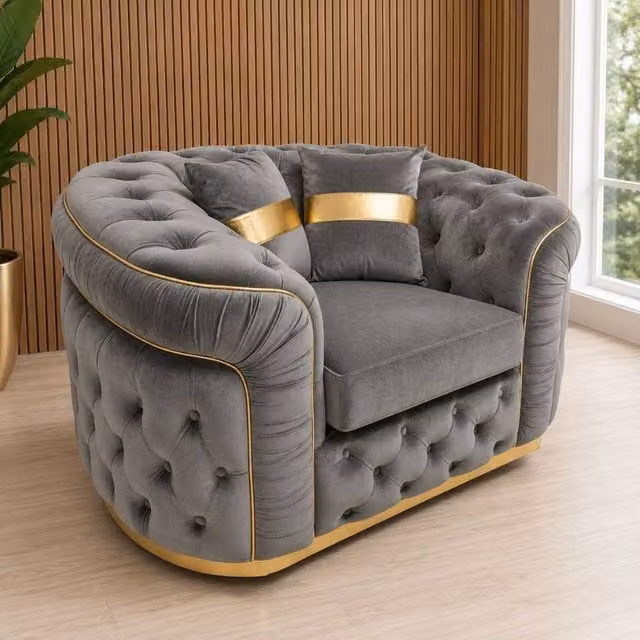 Stratus Interiors Ambassador Chesterfield Sofa in Grey Plush Velvet with Gold Trim