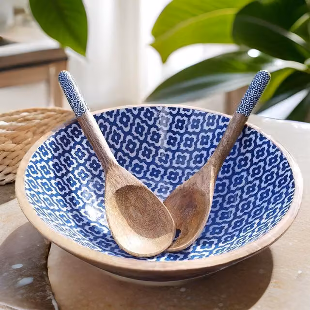 Hartsmede Sambhal Mango Wood Salad Serving Bowl with Spoons, Blue and Brown