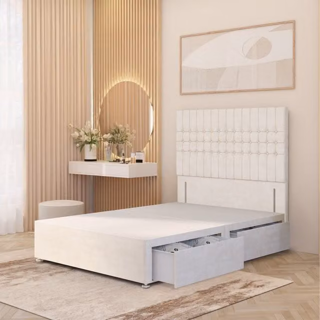 Somnior Beds Ltd Lexington Super King Divan Bed Base with 54 inch Floor Standing Headboard in Ivory Plush Velvet with Drawers, W/D/H: 200 x 200 cm