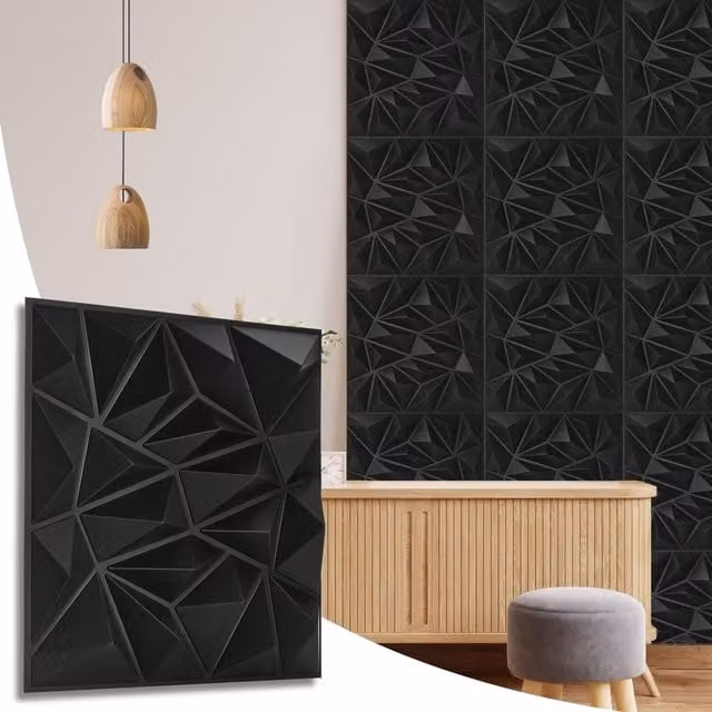 NOVECRAFTO 3D Diamond Design PVC Wall Panels, Matte Black, W: 50 cm x H: 50 cm