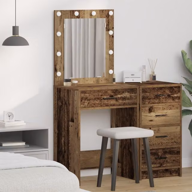 Berkfield Home Rustic Wood Dressing Table with LED Lights, Brown, W: 50 cm, D: 41 cm, H: 135 cm