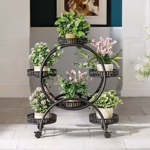 Rafaelo Mobilia 6 Tier Metal Plant Stand, Black Matt Indoor Outdoor Plant Organiser