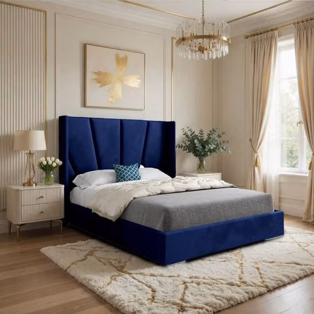 Casani Falmouth Blue Soft Velvet Upholstered Winged Designer Bed Frame, Size: Single (W/D/H: 90 x 200 cm)