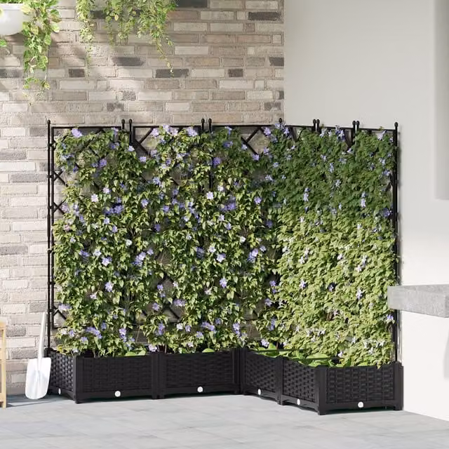 Berkfield Home Garden Planter with Trellis, 5 Piece Set, Black, W/D/H: 120 x 120 x 125.5 cm