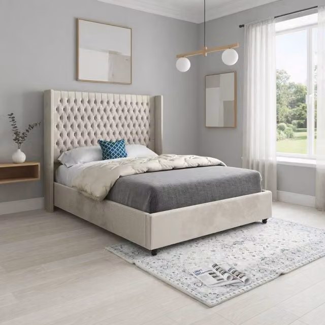 KDMD Wormbridge Winged Upholstered Designer Bed Frame in Beige Cream Velvet, Size: 180 x 200 cm