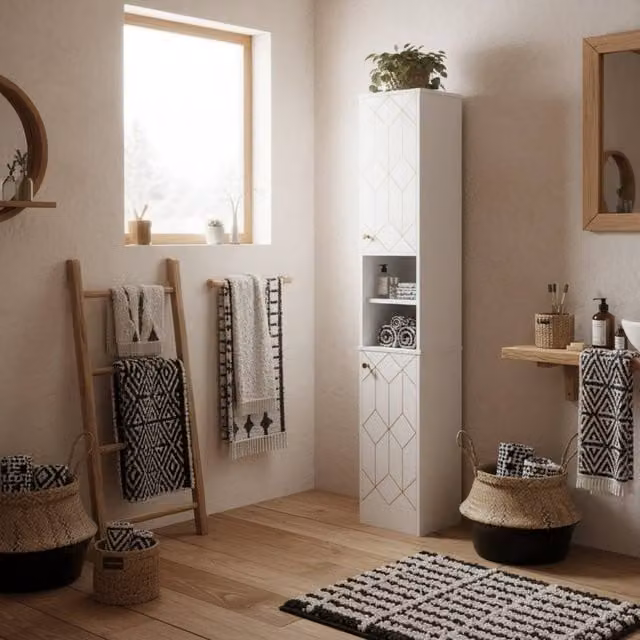 Wyld Haus Conosu Slim Freestanding White Bathroom Cabinet with Hinged Doors and Internal Shelves, H 170 x W 30 x D 30 cm