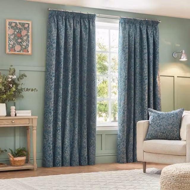 Grantley Blue Floral Jacquard Pencil Pleat Curtains, W: 183 cm, D: 229 cm