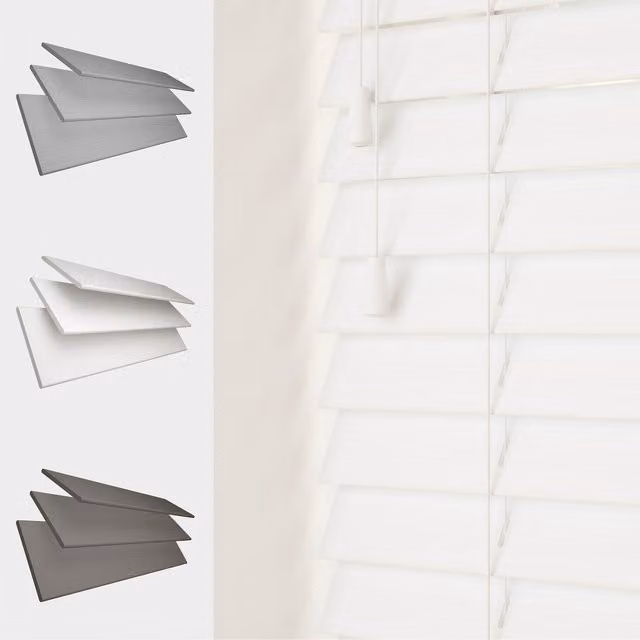 Caecus Blinds White Faux Wood String Venetian Blinds with 50mm Slats, W: 160 cm, H: 90 cm
