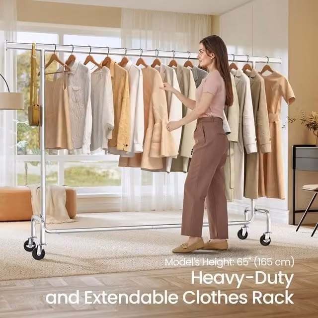 The Bazaarist Heavy Duty Rolling Clothes Rack Adjustable Garment Rail, Silver