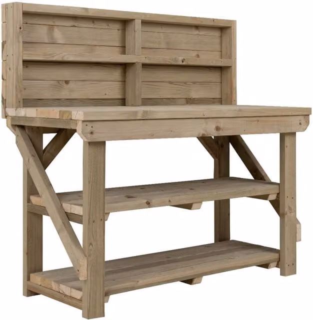 Arbor Garden Solutions Indoor Outdoor Wooden Workbench with Back Panel, Pegboard and Double Shelf, Multicolour