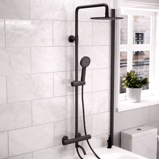 Nes Home Round 3 Way Thermostatic Shower Kit with Bath Filler in Matte Black, W/D/H: 200 x 1500 mm