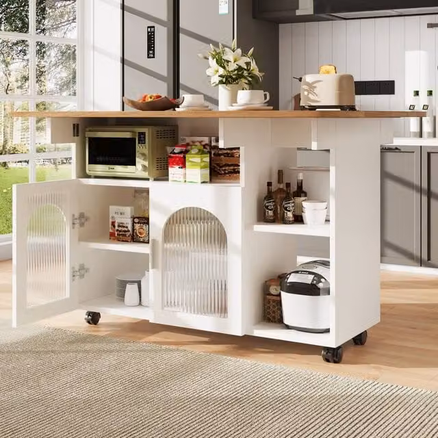 Rolipo White Foldable Kitchen Island Cart and Buffet Storage Cabinet with Glass Doors