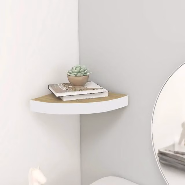 Berkfield Home Wall Mounted Corner Shelf in Oak and White, W/D/H: 35 x 35 x 3.8 cm