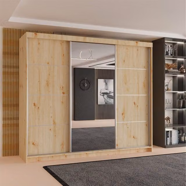 Sliding Wardrobes 4 u Artisan Modern 3 Door Sliding Mirror Wardrobe with Internal Drawers and Shelves in Oak Mixed Colours