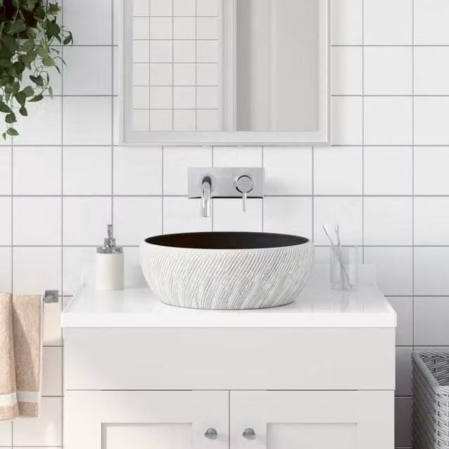 Berkfield Home Round Ceramic Countertop Basin in Black and Grey, Diameter: 41 cm, Height: 14 cm