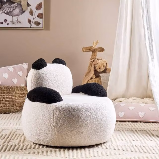 Wyld Haus Panda-Shaped Kids Armchair in White and Black Bouclé with Armrests and Solid Rubberwood Frame