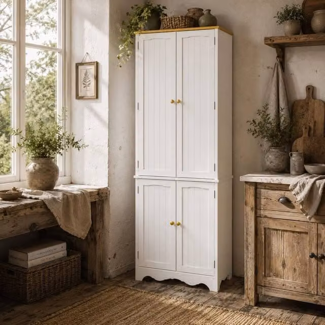 Wyld Haus Banodo Freestanding 4 Door Kitchen Cabinet, White and Brown, H 183 cm x W 61 cm x D 30.5 cm