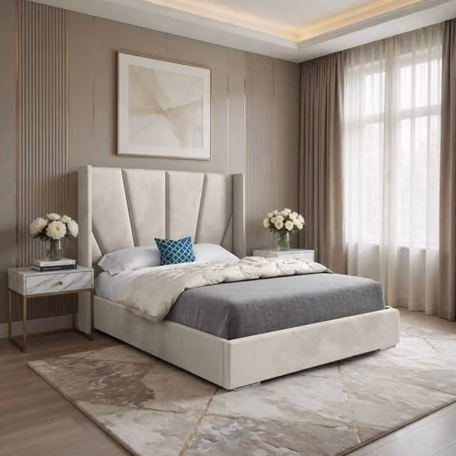 KDMD Godmanchester Wide Curved Designer Bed Frame in Cream Beige Soft Velvet, Size: 120 x 200 cm