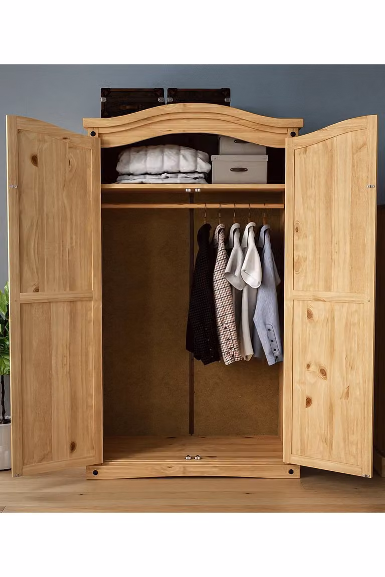 HD Designs Corona 2 Door Wardrobe in Brown Solid Pine, H 178 cm x W 102 cm x D 50 cm
