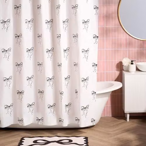 OHS Bow Print Waterproof and Mould Resistant Shower Curtain in Black and White, W/H: 180 x 180 cm